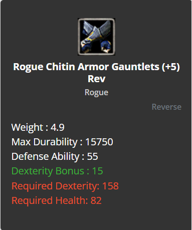 Rogue Chitin Armor Gauntlets +5 (Reverse)